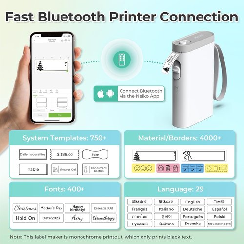 Nelko Label Maker - Bluetooth Mini Label Printer with Multiple Templates for Home & Office | White