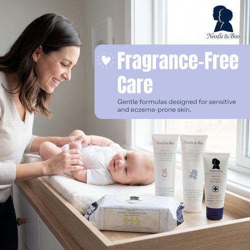 Noodle & Boo Fragrance-Free Baby Skincare Bundle - 4-Piece Set with Ointment, Shampoo, Lotion & Cloths for Sensitive Skin