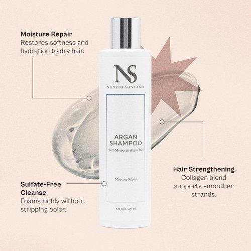 Nunzio Saviano Argan Oil Shampoo – 8.45 oz / 250 mL – Moisture Repair with Moroccan Argan Oil & Macadamia Oil – Sulfate-Free, Paraben-Free Shampoo for Dry, Damaged & Color-Treated Hai