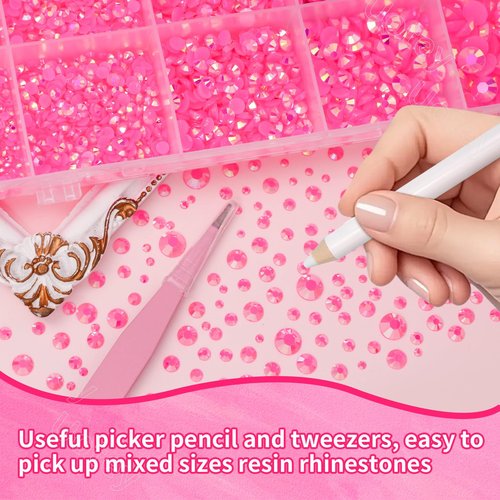 16000 Pcs Resin Rhinestones for Crafting, Flatback Hot Pink Gems Jelly Rhinestones, Mixed Sizes Pink Bedazzling Crystal with Pickup Tool for DIY Crafts Clothing Tumblers Mugs Shoes Fabric Nail Art