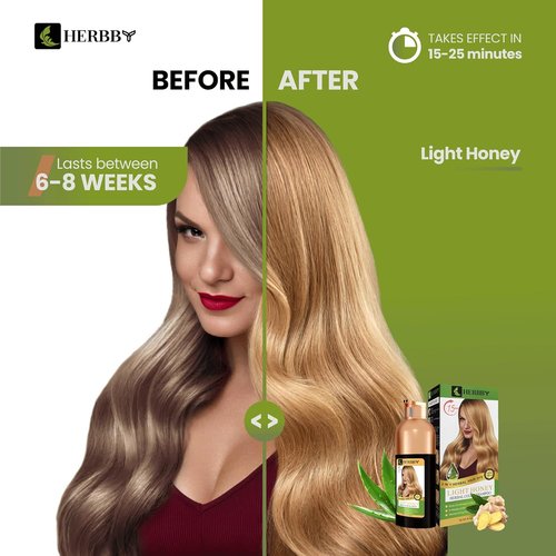 HERBBY Hair Color Shampoo - Gray Hair Coverage & Color Transformation with 9 Herbal Extracts | 500ml Light Honey Color, Long-Lasting Shine