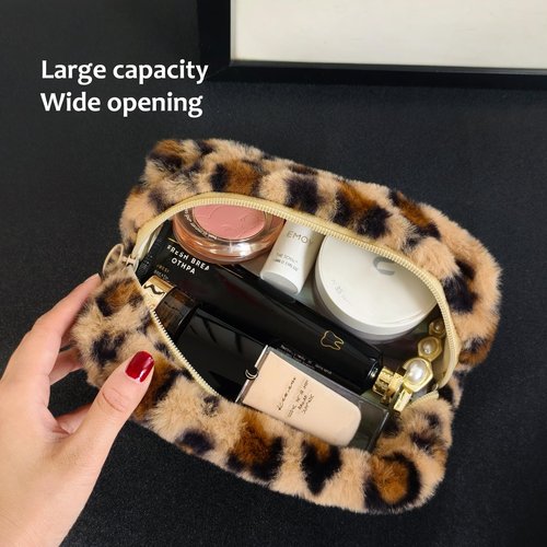 STARDW Leopard Print Makeup Bag - Plush Faux Fur Travel Cosmetic Pouch with Zipper