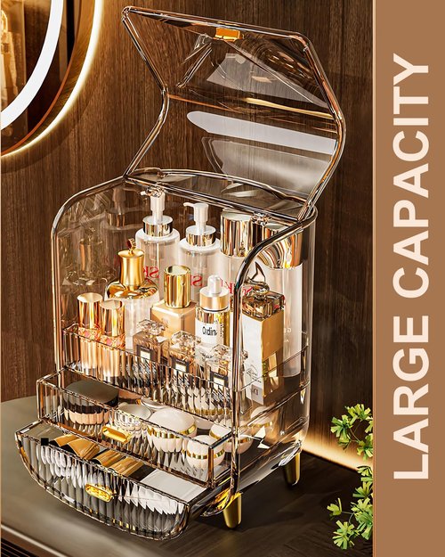 Makeup Organizer, Large Capacity Cosmetics Makeup Organizer for Vanity, Dustproof Waterproof Cosmetics Display Case with Drawers for Skincare, Lipstick, Brushes and Jewelry (Clear)