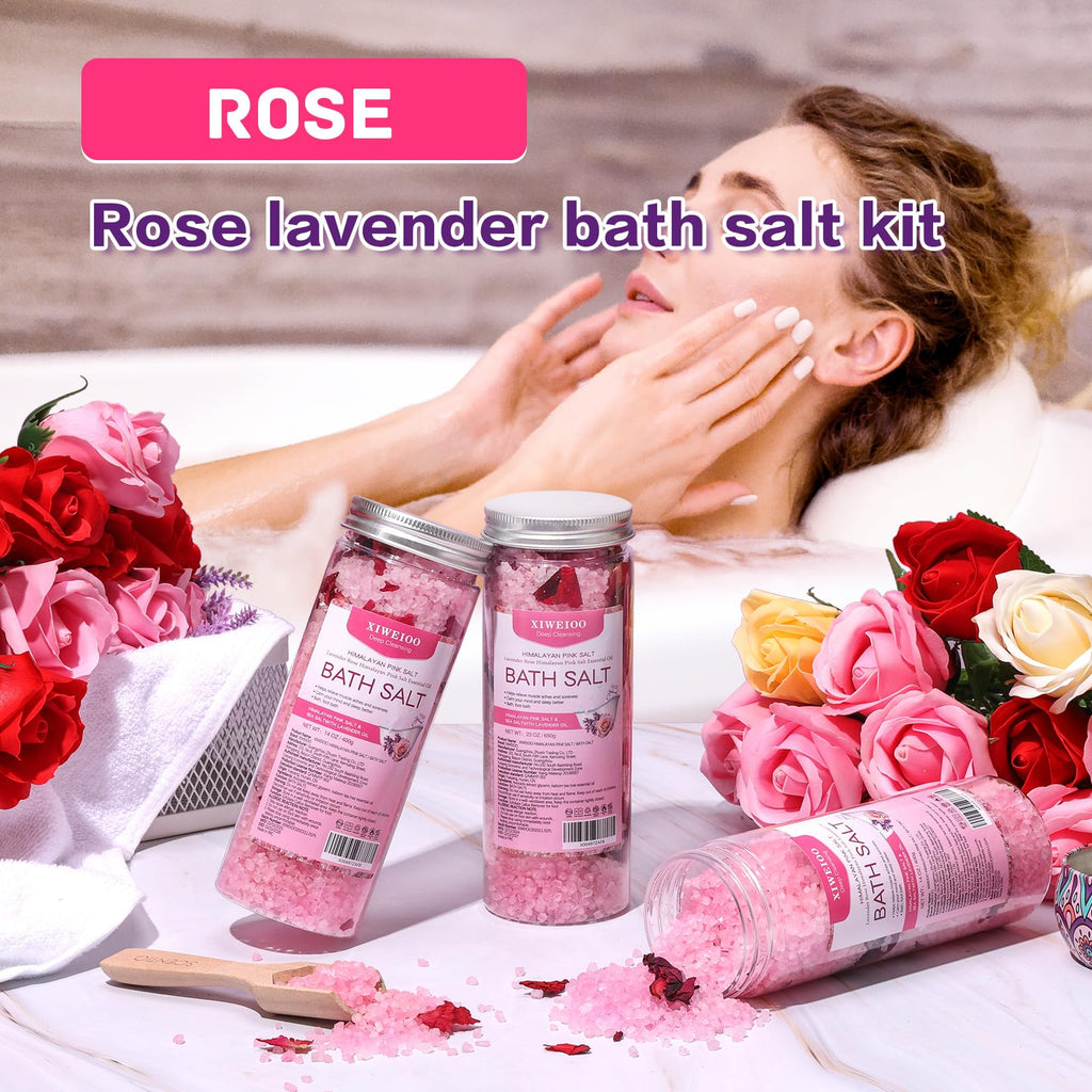 XIWEIOO Bath Salts Kit Pack of 3 Natural Himalayan Pink Salt Bath Salts Gift Set Soak Tea Tree Oil for Women Bath Sea Salts - Relaxing - Epsom Salt - Body Spa Care Relaxing Soaks