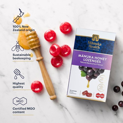 Manuka Health Manuka Honey Lozenges - Blackcurrant Flavor | Natural Throat Relief with Raw Honey & Vitamin C