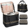 Covkev Nail Polish Organizer Hold 80 Bottles (15ml/0.5 fl.oz)& Nail Lamp, Double Layer Nail Bag Organizer Case with Handle, Large Nail Supplies& Kit Storage Case for Women Travel (Black& Golden)