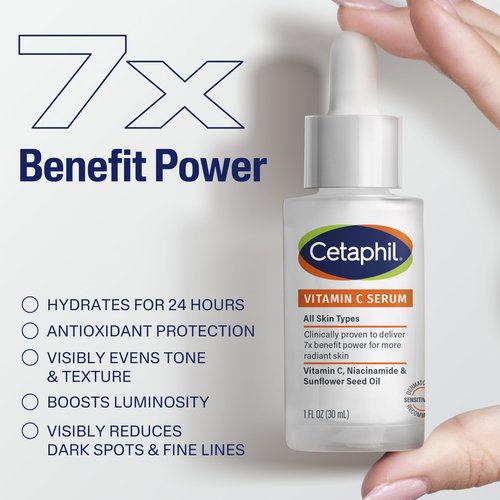 Cetaphil Vitamin C Serum, Visibly Reduces Look of Dark Spots and Hyperpigmentation, Formulated with Niacinamide, Designed for Sensitive Skin, Fragrance Free, Dermatologist Tested, 1oz