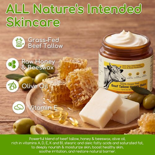 Beef Tallow - Whipped Tallow and Honey Balm Cream | 100% Grass-Fed Face Moisturizer, Unscented 4.2 OZ