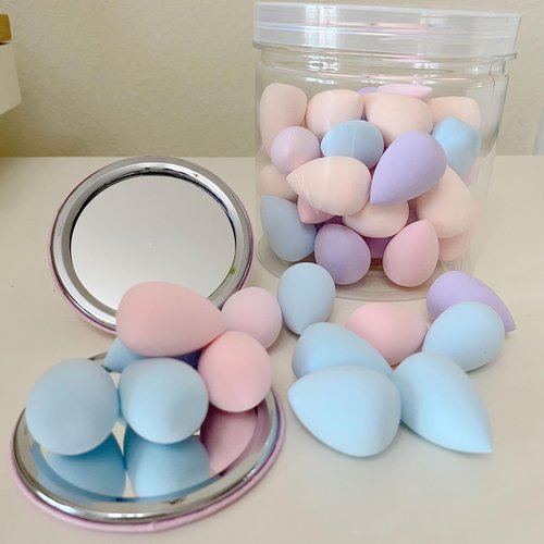 50 PCS Small Mini Makeup Sponges and Powder Puff with Makeup Mirror, Multi Colored Beauty Blender Makeup Sponge Facial Makeup Tools (Sponge egg)