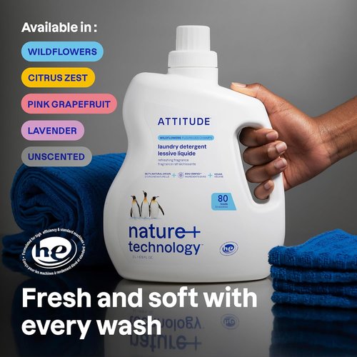 ATTITUDE Liquid Laundry Detergent - EWG Verified, Plant-Based & Vegan, Wildflowers Scent, 80 Loads, 67.6 Fl Oz