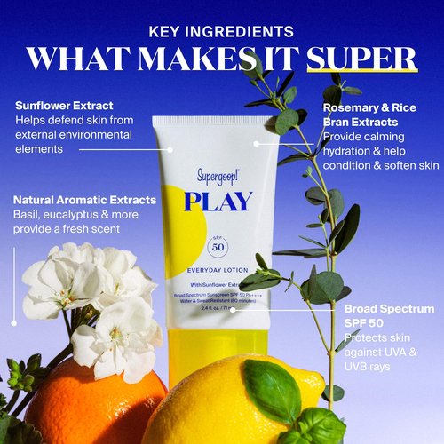 Supergoop! PLAY Everyday Lotion SPF 50 - Broad Spectrum Body & Face Sunscreen - Great for Active Days - Fast Absorbing, Water & Sweat Resistant - 2.4 fl oz