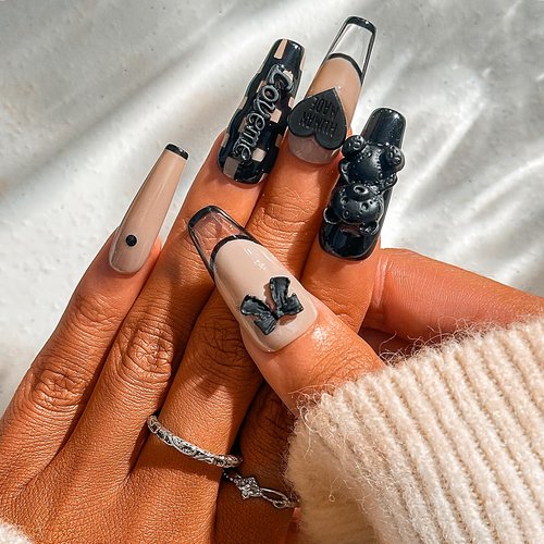 Sethexy French Long Coffin False Nails Handmade Glossy Acrylic Luxury Fake Nails 3D Black Bow Love Heart Bear Press On Nails Checkerboard Salon Quality Nail Removable for Women and Girls 10Pcs（U）