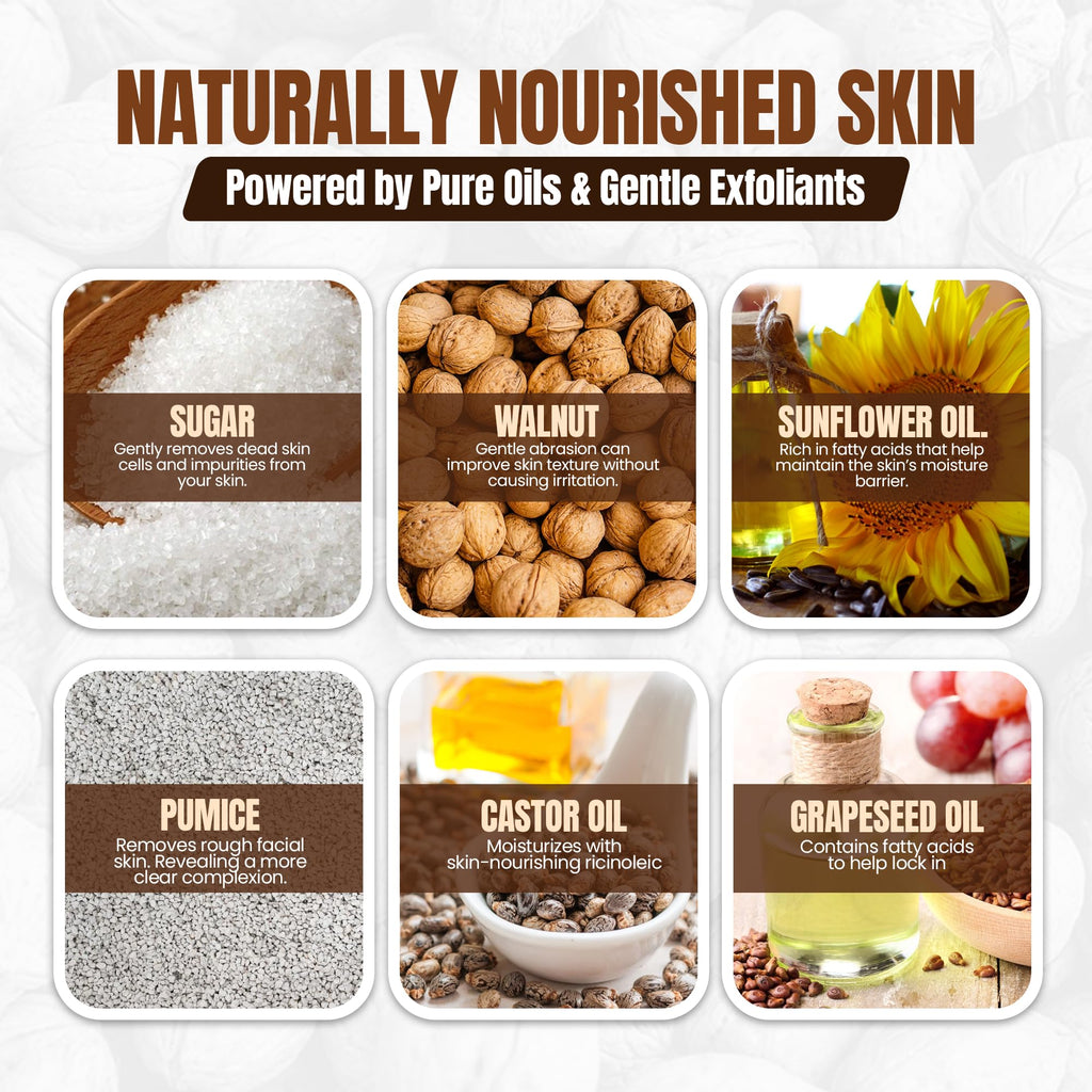Walnut Face Scrub for Men – Gritty Exfoliating Facial Cleanser with Natural Oils Walnut Powder, Deep Clean, Clears Pores, Smooths Texture, Helps Men's Acne-Prone Skin – Non-Comedogenic, Cruelty-Free