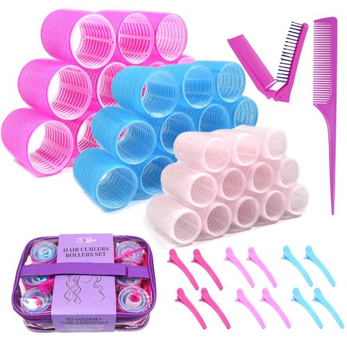 Skiennix Hair Rollers Set - 50PCS Volume Curlers with 12 Clips & 2 Combs | Ideal for Short to Long Hair