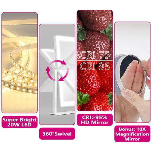 STAISE Hollywood Vanity Mirror with Lights, 17" L x 13" W LED Lighted Makeup Mirror, Dimmable & Three Color Lighting Modes, 10X Magnification Mirror, CRI>95% HD, 20W High Brightness (96 LED)