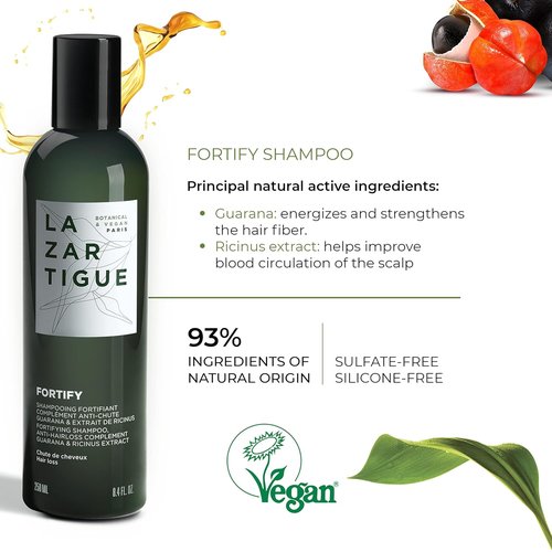 Lazartigue Fortify Densifying Shampoo - Strengthens Fragile Hair with Guarana & Ricinus | Vegan Lemon Scent