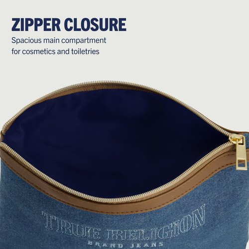 True Religion Women's Makeup Bag, Small Travel Cosmetic Zipper Pouch Organizer, Gold Hardware, Denim