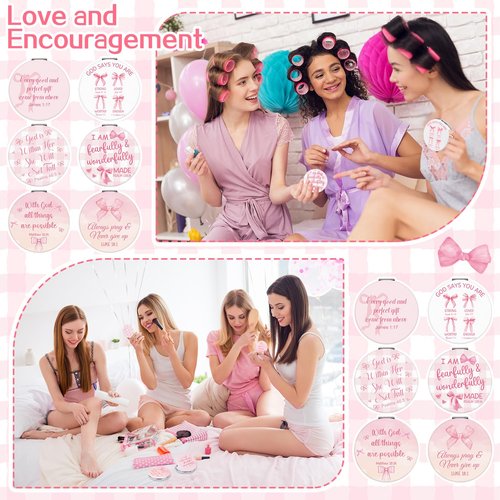 12 Pcs Pink Bow Coquette Mini Compact Mirrors Inspirational Christian Gifts Bulk for Women Portable Round Bible Verse Pocket Makeup Mirror Religious Gifts for Women Office School Church Party Favor