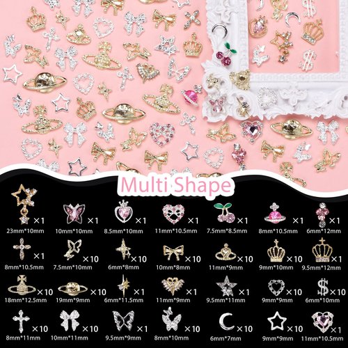 154 Pcs Alloy Star Cross Nail Gems Charms, Silver Gold Bow Crown Butterfly Cross Bow Nail Charms 3D Cherry Planet Heart Nail Jewelry Charms, Nail Rhinestones Gems Charms for Nail Art DIY Decoration