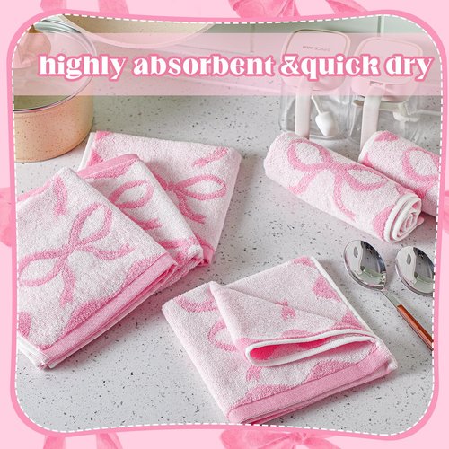 Coume 6 Pcs Pink Bow Washcloths 100% Cotton Wash Cloths 13" x 13" Coquette Small Face Towels Absorbent Soft Preppy Wash Cloths & Hand Bath Towels for Bathroom, Spa, Kitchen Drying Cleaning