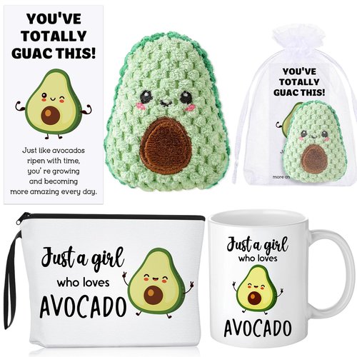 Nuogo 5 Pcs Avocado Gifts Cute Crochet Makeup Bag Coffee Mug with Positive Inspirational Card for Girl Employee Appreciation Avocado Lovers Birthday