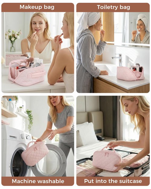 Travel Makeup Bag for Women, 2Pcs Large Capacity 180 Lay-Flat Toiletry Organizer with Brush Compartment, Waterproof Quilted Cosmetic Bag with Multiple Pockets for Travel, Vacation, Business Trip