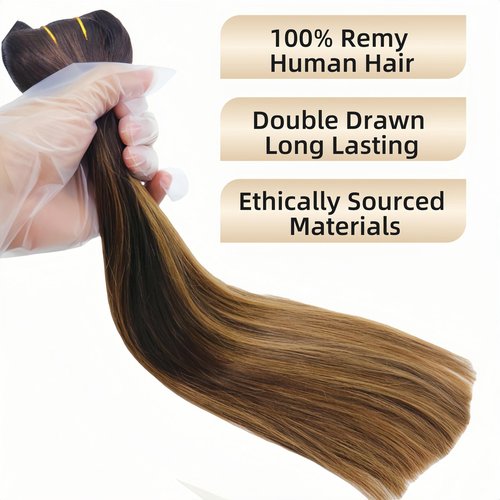 Eufficco Real Human Hair Lace Clip In Hair Extensions Thick ends Ombre Piano Color Dark Brown Roots/Chestnut Blonde 14inch 100g Highlights Balayage Double Wefted Silky Soft Human Hair Extensions