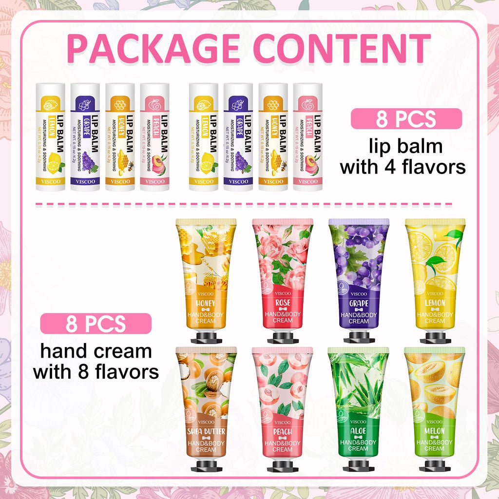VISCOO 16 Pack Bulk Lip Balm and Hand Cream Set, Easter Basket Stuffers for Her, Thank You Bridal Wedding Favors for Guests, Mothers Day Gifts, Teacher Appreciation Gift and Nurse Gift