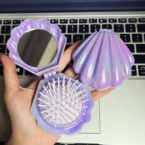 Frinnovan 6 Pack Shell Shaped Pokect Mirror Travel Compact Folding Mirrors with Hair Brush Purse Mini Cosmetic Lashes Makeup Portable Mirrors for Women Wedding Party Pink & Blue & Purple