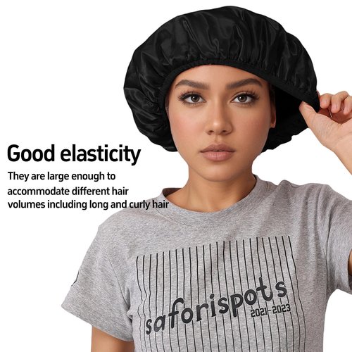 QFE 4PCS Shower Cap for Women Terry Lined Waterproof Reusable Long Hair Cover for Swimming Elastic Band Large Wide Bathing Bath Accessories Shower Caps for Women and Men to Keep Hair Dry Black White