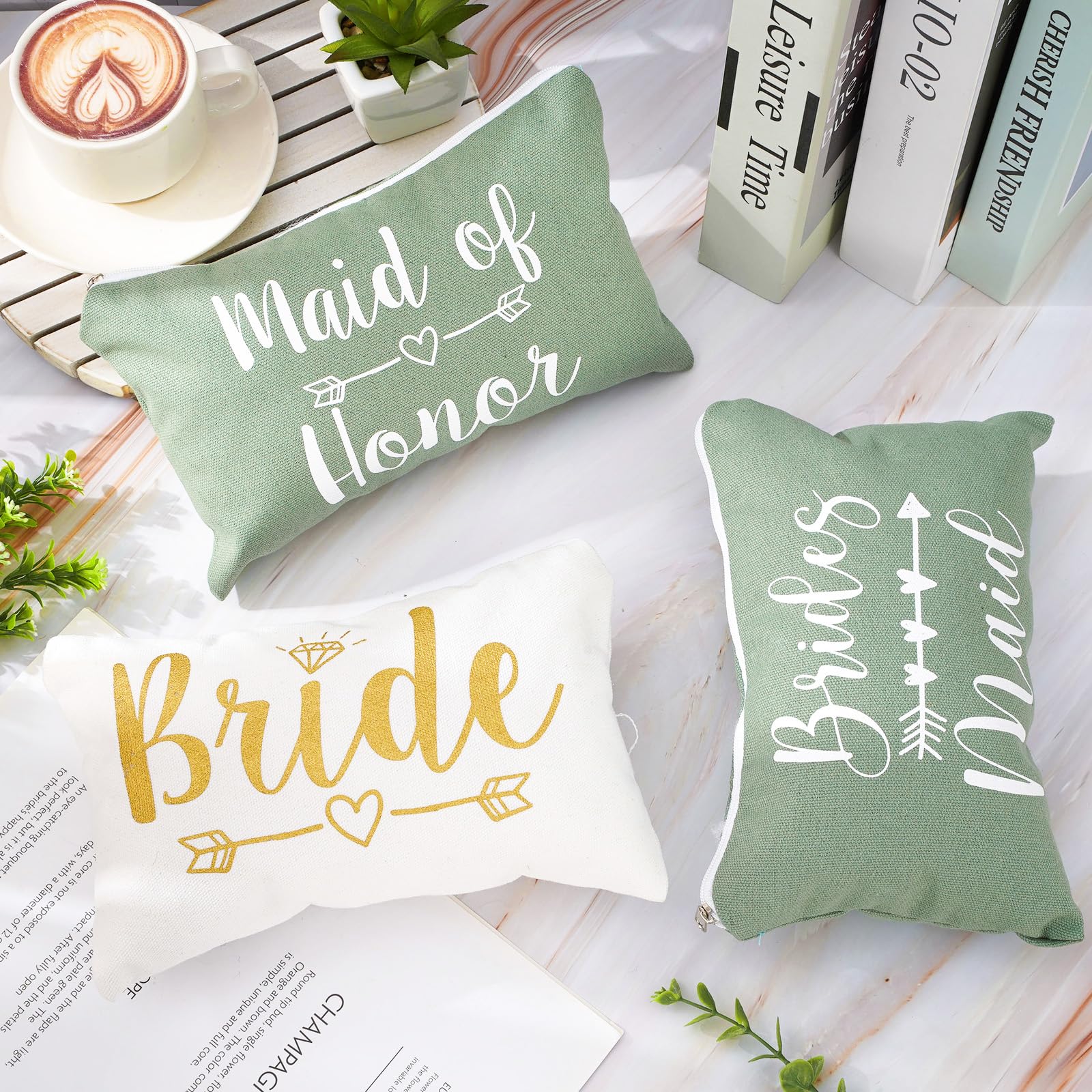 Whaline 8Pcs Bridesmaids Makeup Bags Wedding Bridal Cosmetic Canvas Organizer Bag Sage Green Maid of Honor Zipper Cosmetic Pouch for Women Wedding Bridal Shower Party Favor Supplies