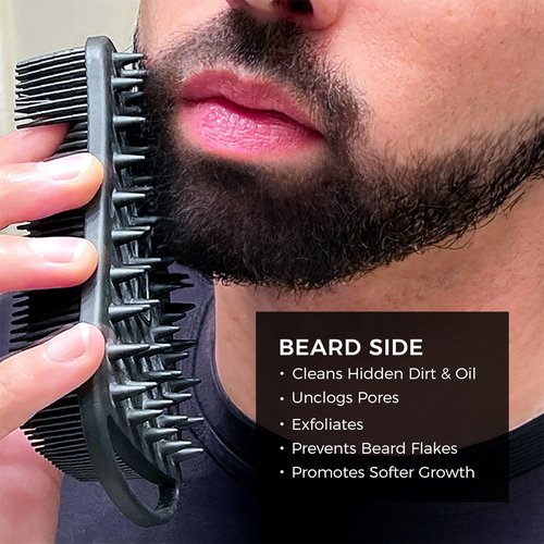 Blackwood For Men Double Duty Beard & Body Scrubber - Dual-Sided Men's Shower Tool - Handheld Body Wash Brush with Long Soft Silicone Bristles for Deep Cleaning - Short Exfoliating Tips for Beard Care