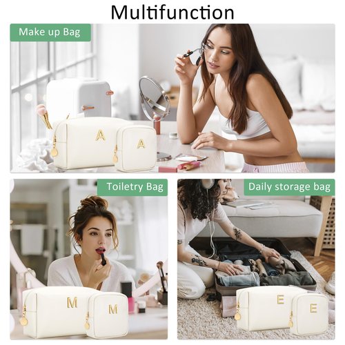 CLOUDWINGS Personalized Birthday Gifts for Women - Initial Makeup Bag Set Travel Toiletry Bag Cosmetic Bags Soft Waterproof PU Leather Makeup Pouch Travel Essentials (Beige,A)