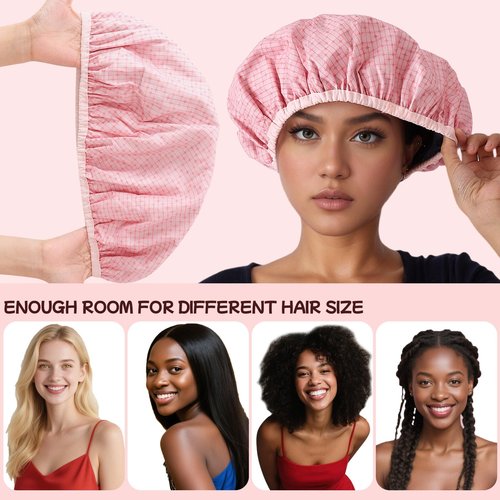 QFE 5PCS Shower Caps for Women Reusable Waterproof Long Hair Cap Shower Products Large Plastic Cover Flexi Bathing Accessories Travel Women's to Keep Dry Prevent Cooking Oil Fumes Washable, Pink 5PCS
