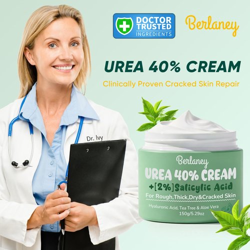 Berlaney Urea Cream 40 Percent For Feet Maximum Strength plus 2% Salicylic Acid 5.29 oz, Fast-Absorbing Foot Cream for Dry Cracked Skin with Tea Tree ＆ Aloe Vera, Callus Remover, Deep Moisturizing