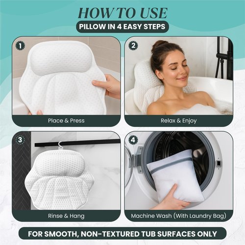 Bathtub Pillow for Head and Neck Support, Bath Pillow for Tub with 6 Suction Cups, Quick Dry Spa Tub Pillow, Bath Back Cushion with Mesh Polyester, Includes Bath Sponge and Wash Bag
