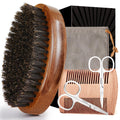 Walnut Wood Grooming Set for Men: Boar Bristle Brush, Beard Comb, Mustache Scissors, and Travel Bag