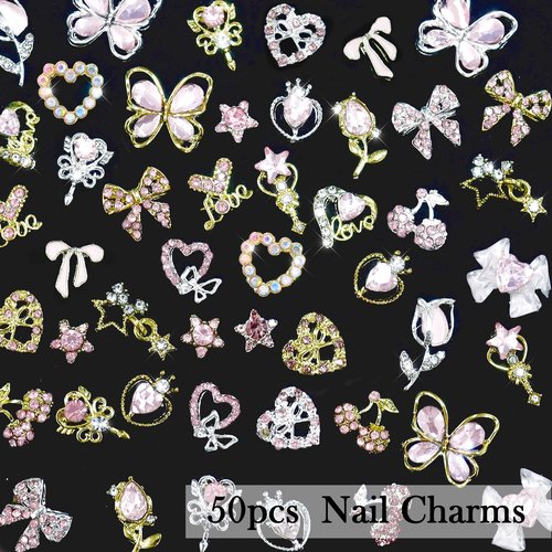 Laza 50pcs Nail Charms Y2k Alloy Nail Rhinestone Charms 3D Heart Star Butterfly Nail Gems Tulips Cherry Pink Bow Jewelry Crystal Shiny Rhinestones Nail Decoration Accessories for Nail Design
