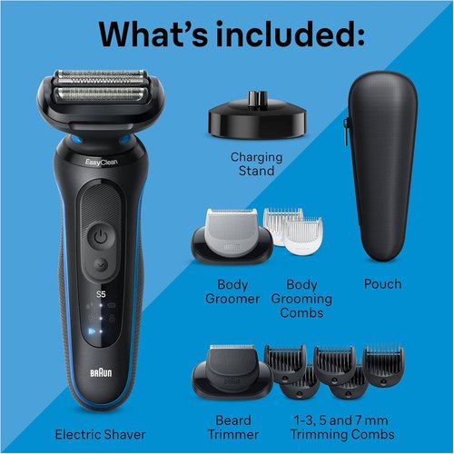 Braun Series 5 Electric Shaver for Men - Wet & Dry Razor with Turbo Mode, Beard Trimmer & Charging Stand - Blue