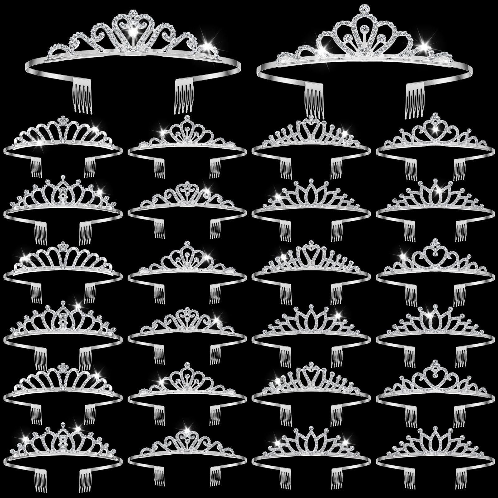 Yuefunny 24 Pcs Crystal Tiara Crowns for Women Bulk Rhinestone Princess Headband Crown with Combs Tiaras for Pageant Bridal Shower Wedding Birthday Prom Party Gifts(Modern,Silver)