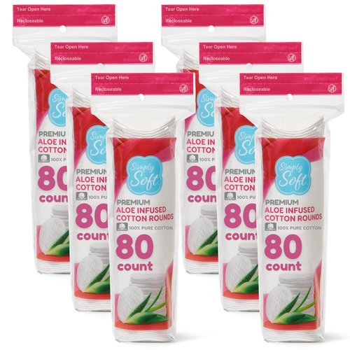 Simply Soft Aloe Infused Premium Cotton Rounds, 80 count (Pack of 6), Hydrating Aloe Vera, 100% Pure cotton, absorbent cotton pads, Moisturizes and soothes sensitive skin, Hypoallergenic