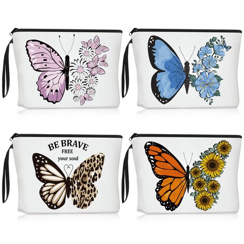 Cunno 4 Pcs Butterfly Makeup Bags for Women Canvas Cosmetic Butterfly Flowers Gifts for Girls Birthday Canvas Purse Travel Makeup Bags Zipper Pouch for Ladies Coworker