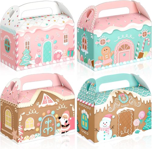 Skiennix 20 Pcs Pink Christmas Treat Boxes - 3D Gingerbread House Design for Cookies & Snacks