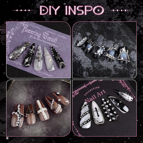 3D Mini Punk Nail Studs Spike Alloy Rivets (Black+Silver), Flatback Nail Pearls and Round Steel Balls Beads (Silver), Goth Nail Charms and Gems for Nail Accessories with Rhinestones Glue Gel