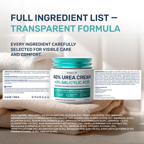 PROJECT 701 Urea Cream 40 Percent for Feet Maximum Strength, Callus Remover Foot Cream, Dry Cracked Heels Exfoliating Lotion with Salicylic Acid, Ceramides, Tea Tree Oil – Women and Men, 4.3 oz