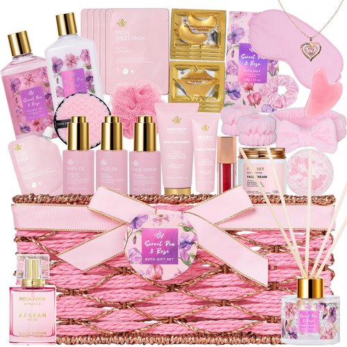 35 Pcs Valentines Day Gifts Basket for Women, Rose Bath and Body Gift, Facial Skin Care Set, Self Care Pampering Kit, Face Sheet Mask, Home Spa, Perfume, Birthday, Mother Day, Bridal Shower