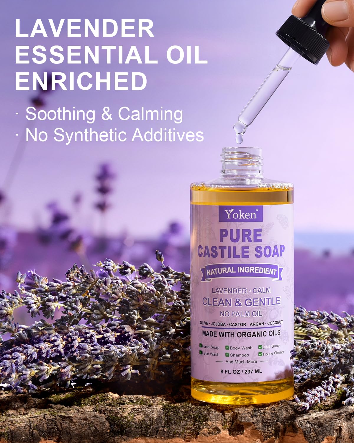 Yoken Pure Castile Soap Liquid Lavender 8 OZ, Made with Certified Organic Oils, Gentle Lavender Soap for Hands & Body Wash, Face, Dishes, Laundry & More - Vegan & Natural Ingredients Cleanser