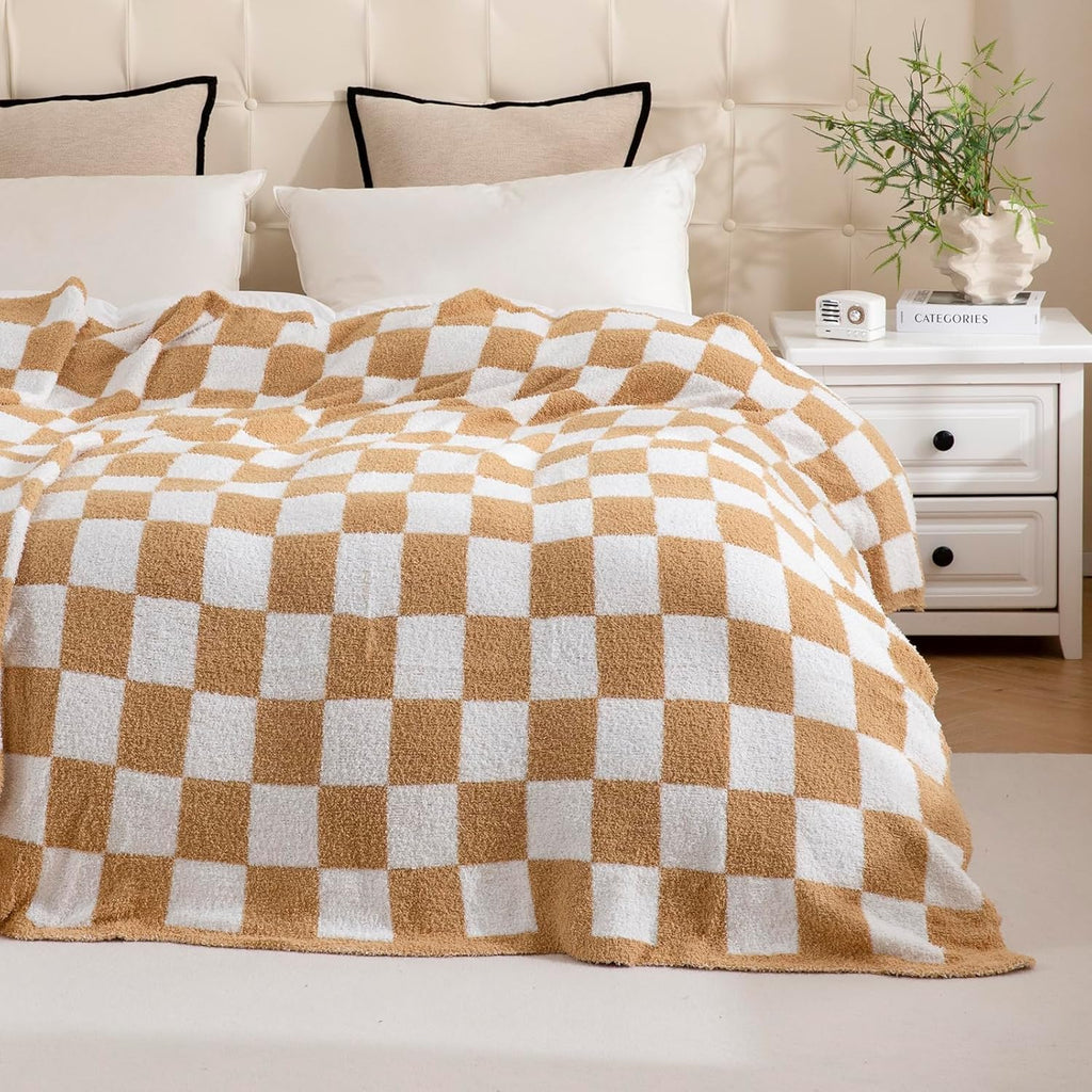 YIRUIO Checkered Knit Throw Blanket - Ultra Soft Reversible Microfiber | Cozy Fluffy Home Decor
