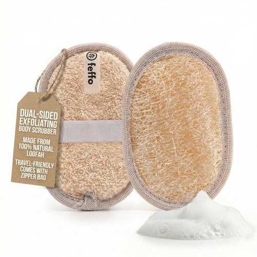 Feffo Natural Loofah Sponge for Body Scrub, Exfoliating Body Scrubber & Loofah with Handle, Exfoliating Pads, Loofah for Women, Men & Kids (2 Count - 1 Pack, Oval)