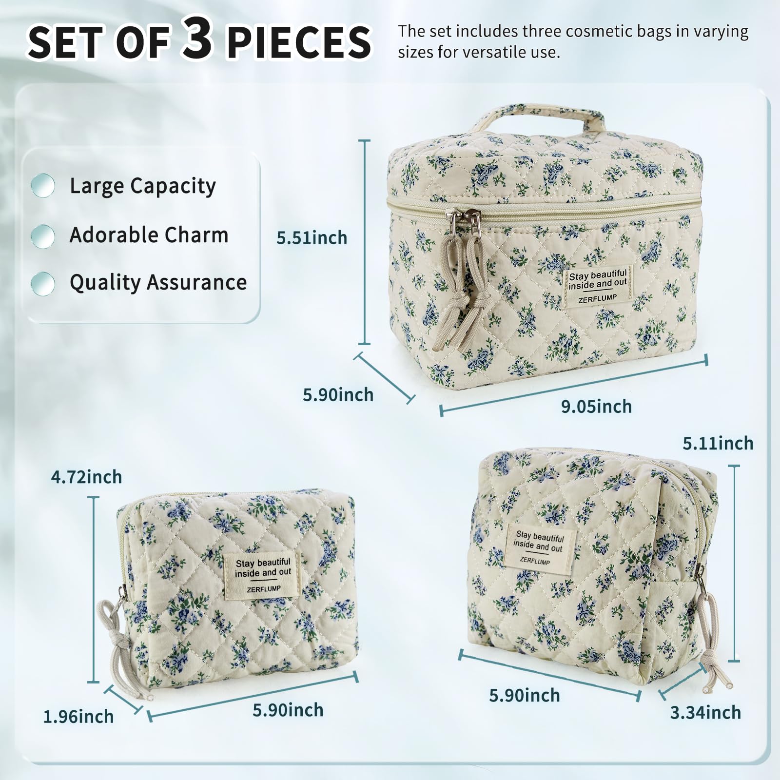 ZERFLUMP Cute Quilted Floral Makeup Bag(3Pcs)，Coquette Aesthetic Cosmetic Bag，Travel Toiletry Bags， Kawaii Aesthetic pouch for Women (4 - Little Blue Flower)